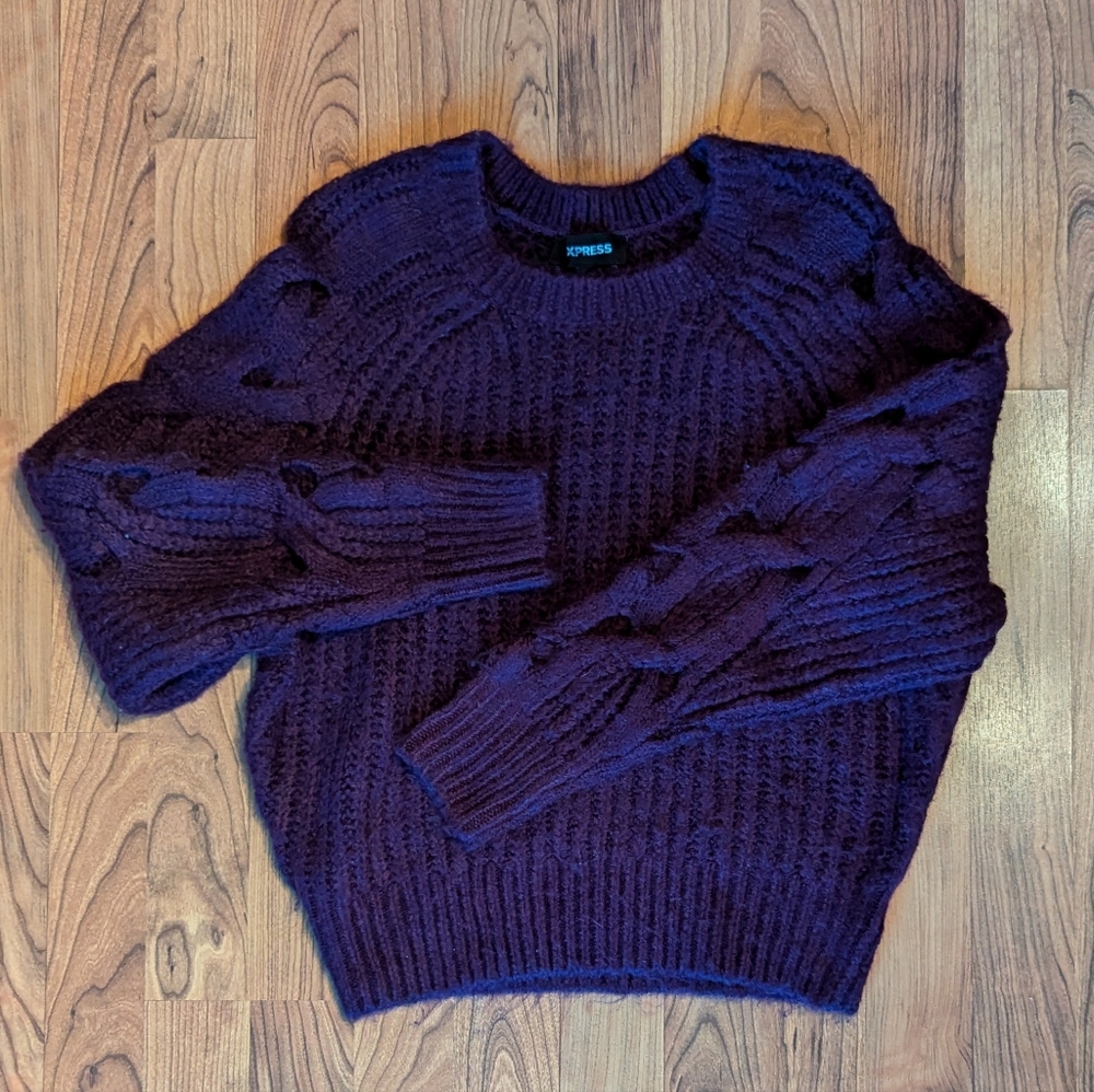 Express Cropped Crew Neck Sweater in Merlot, Size XS